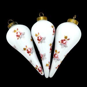 Floral Teardrop Set of 3 Christmas Holiday Ornament Hand Painted Gold Top  5.5"